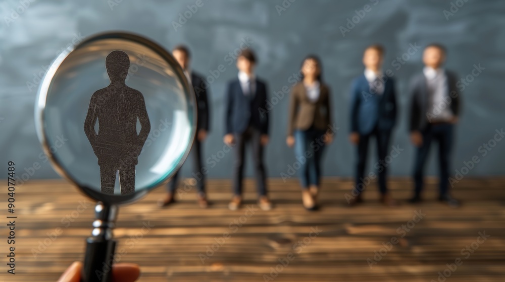 candidate selection process, thorough analysis using a magnifying glass highlights exceptional candidates in recruitment, demonstrating a selective approach to candidate selection